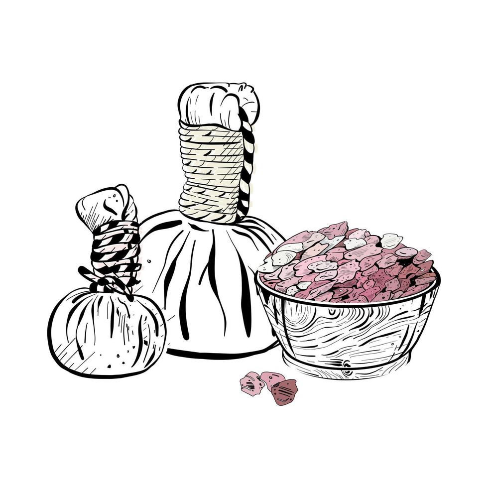 Vector illustration of set with pink sea cosmetic salt on bowl and two cosmetic bags for massage on white background