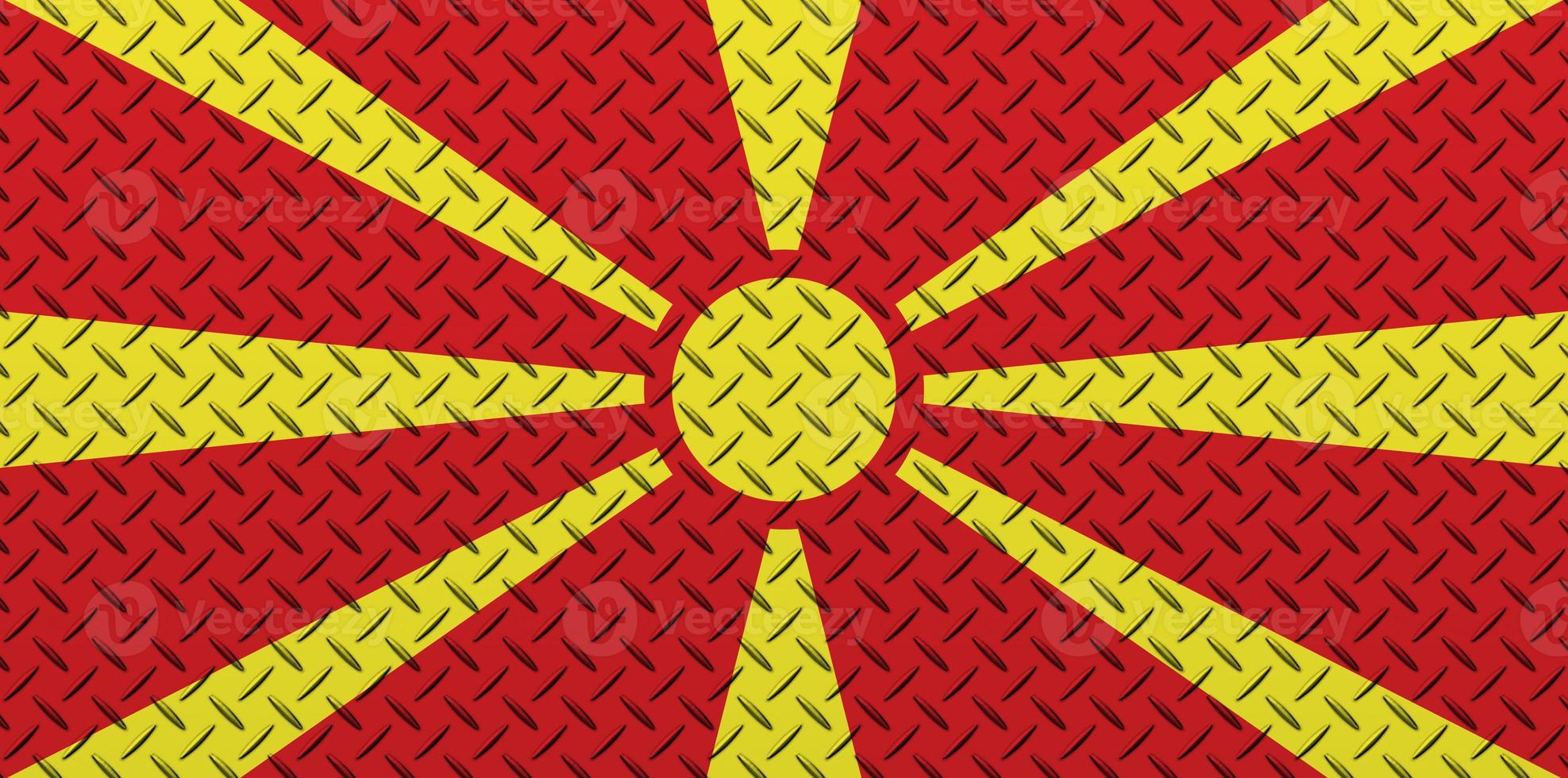 3D Flag of North Macedonia on a metal wall background. photo