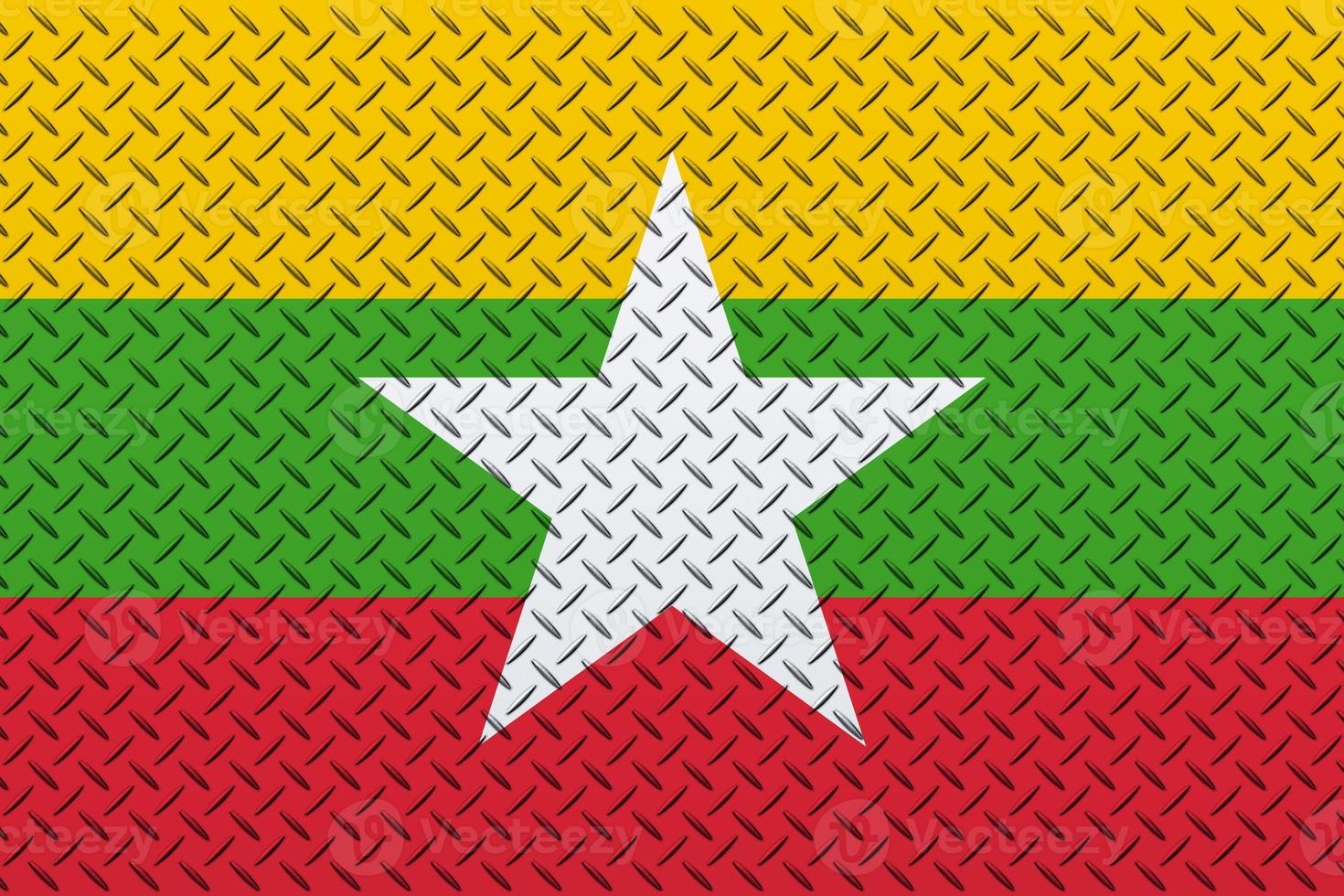3D Flag of Myanmar on a metal wall background. photo