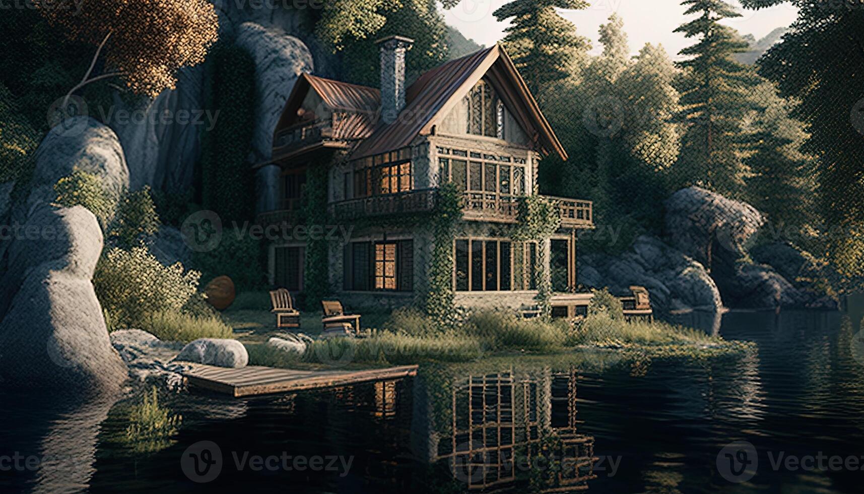 house near lake and forest, digital art illustration, photo