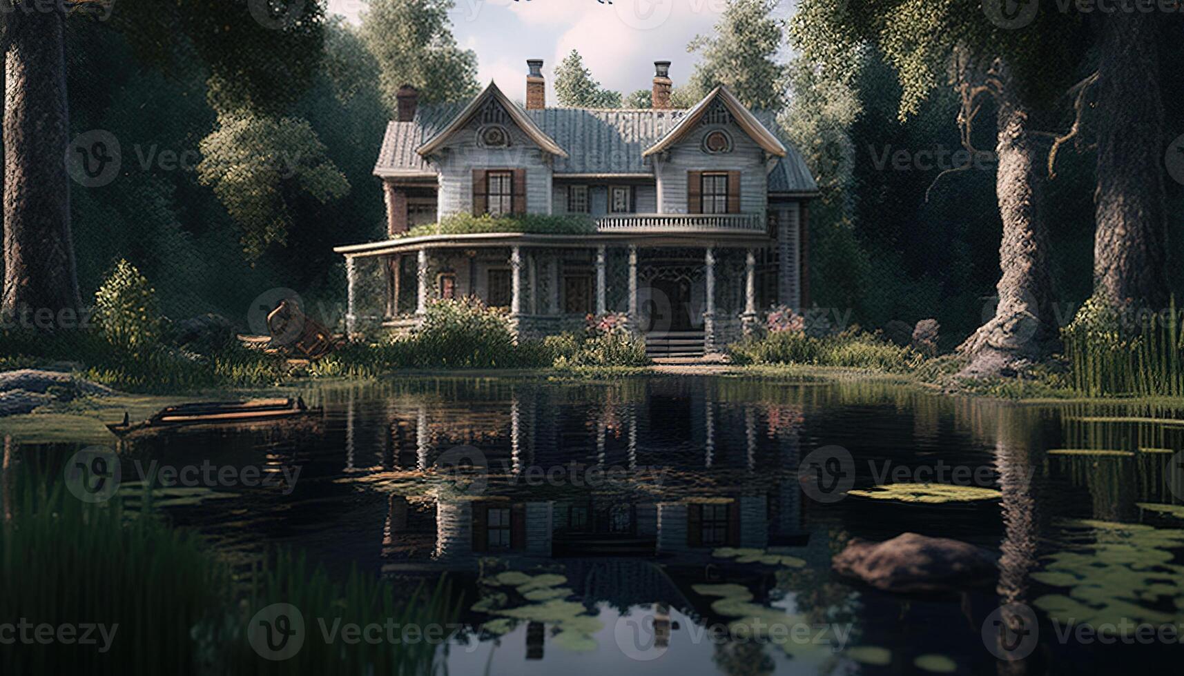 house near lake and forest, digital art illustration, photo