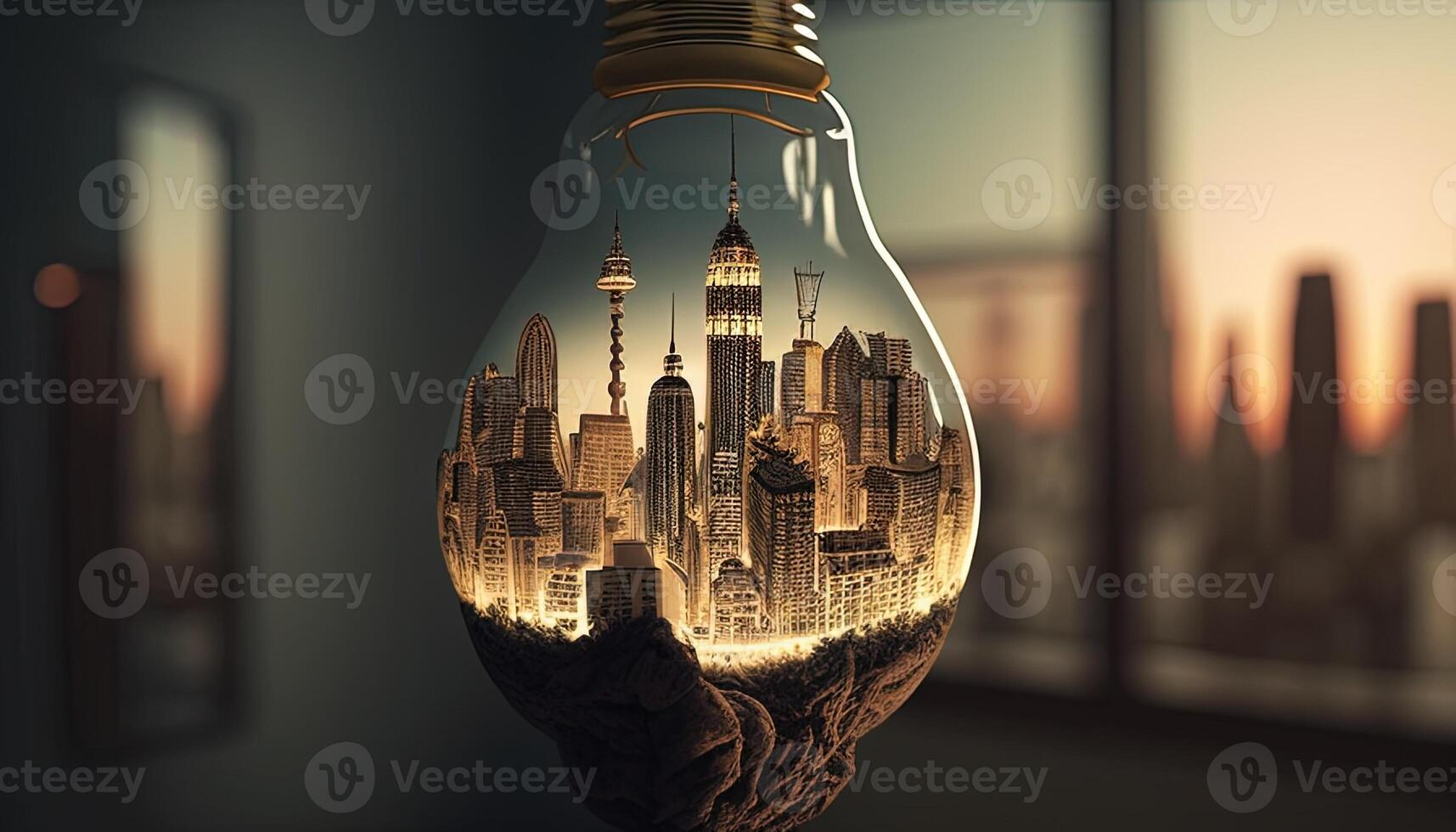 lightbulb with an upside down city, digital art illustration, photo