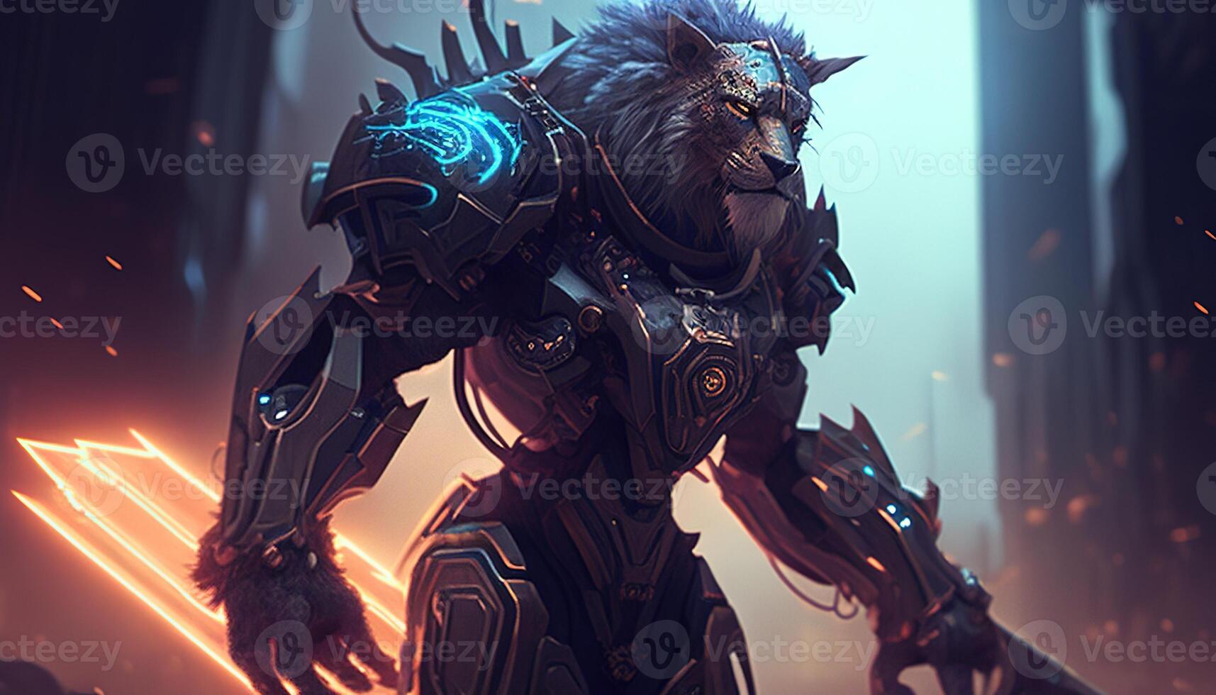 cyber lion warrior, digital art illustration, photo