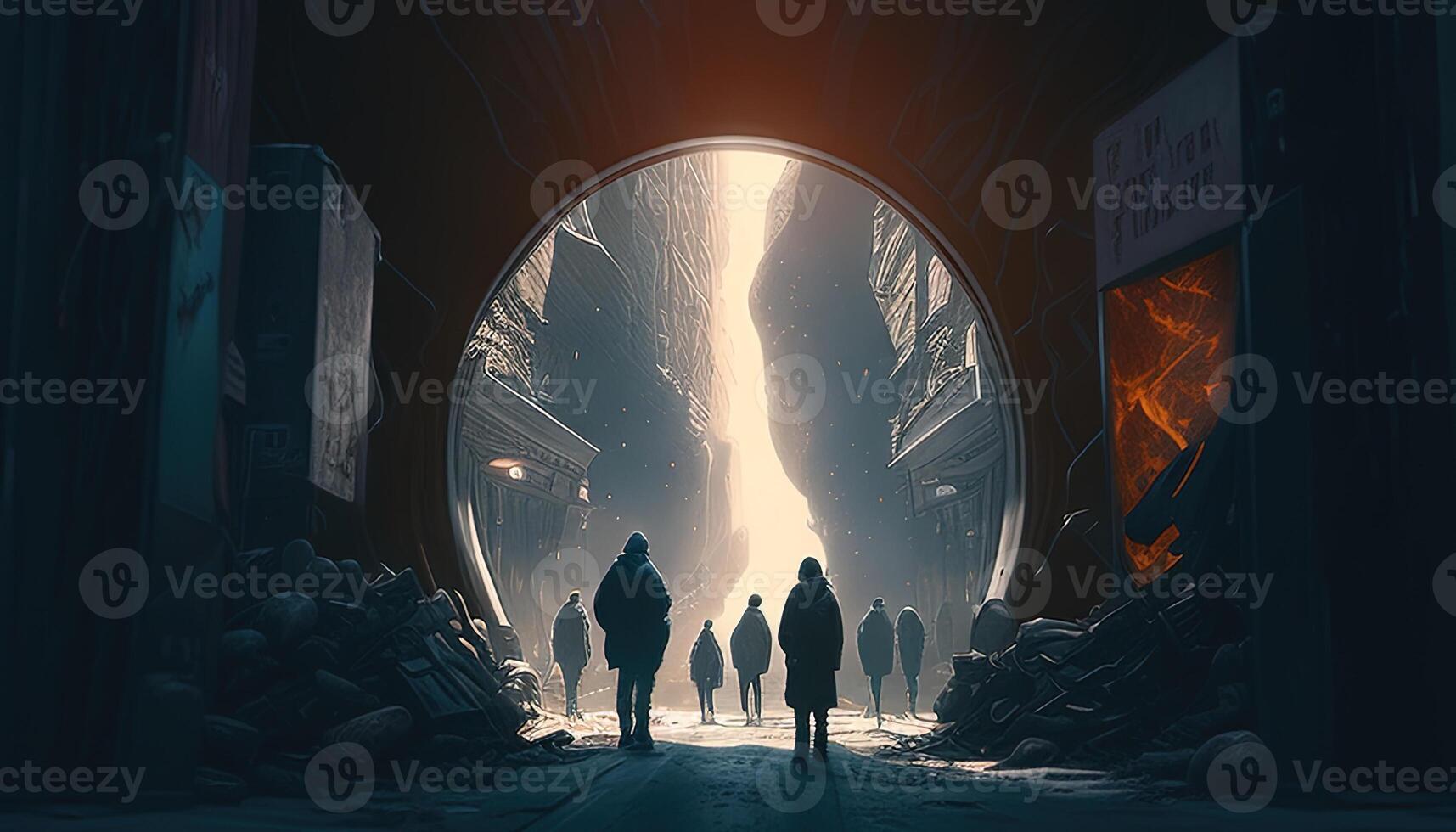 group of people walking in a strange environment, digital art illustration, photo