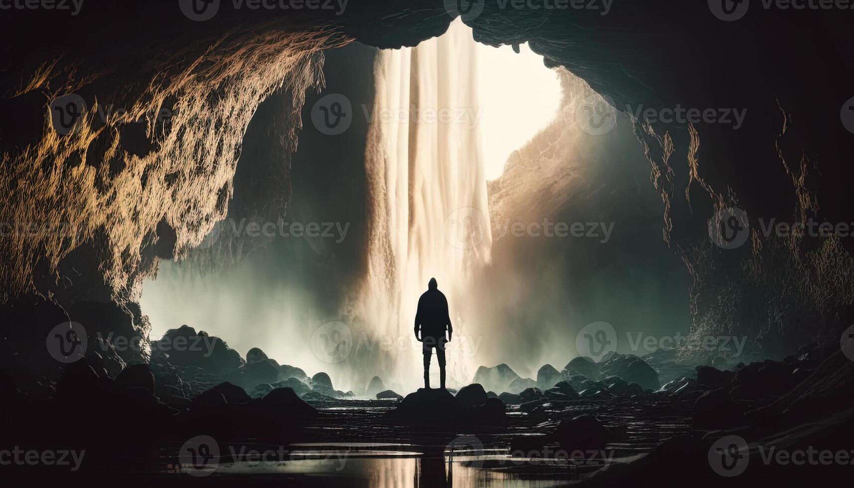 person stand behind waterfall, digital art illustration, photo