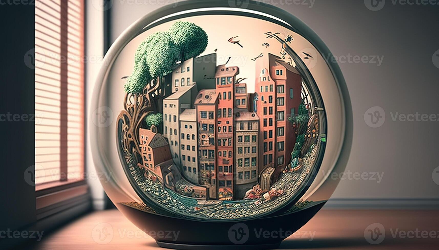 city in a fishbowl, digital art illustration, photo