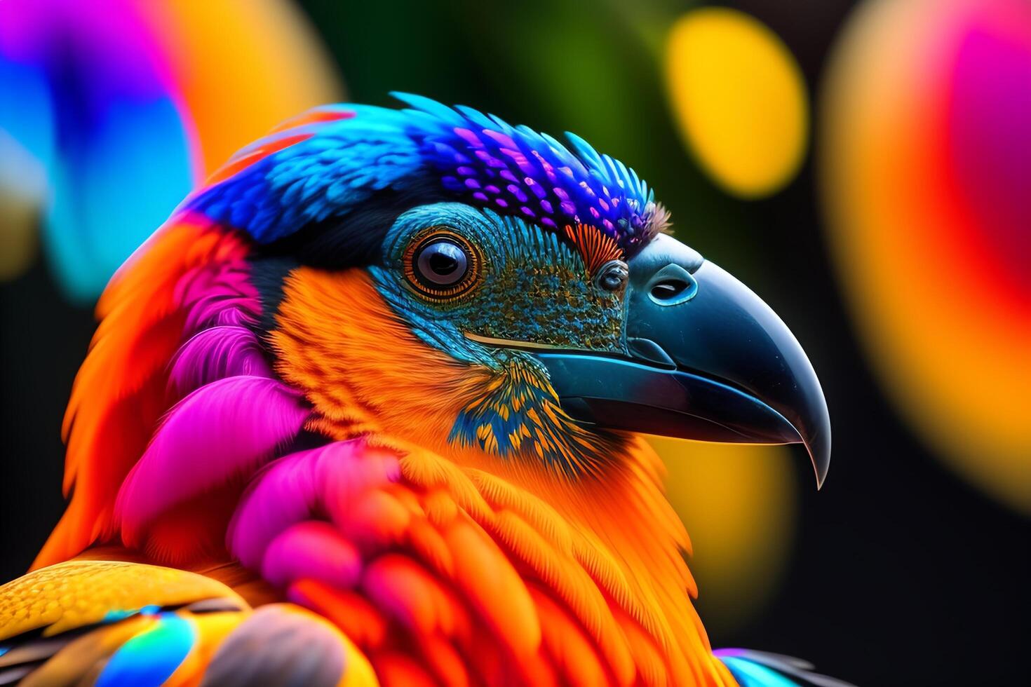 Colorful macaw parrot sitting on colorful bokeh background. photo