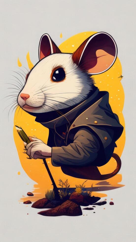 ilustración de un linda blanco rata en un Saco con un cepillo en su mano. ai generado foto