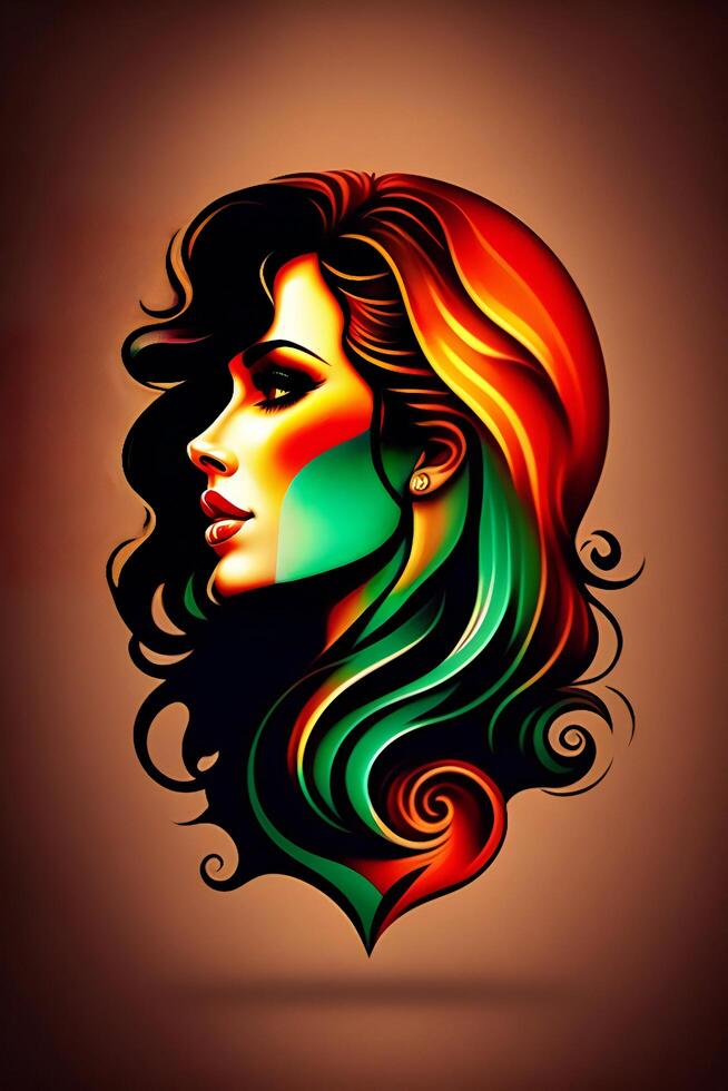 retrato de hermosa mujer con largo pelo en perfil. vector ilustración. ai generado foto