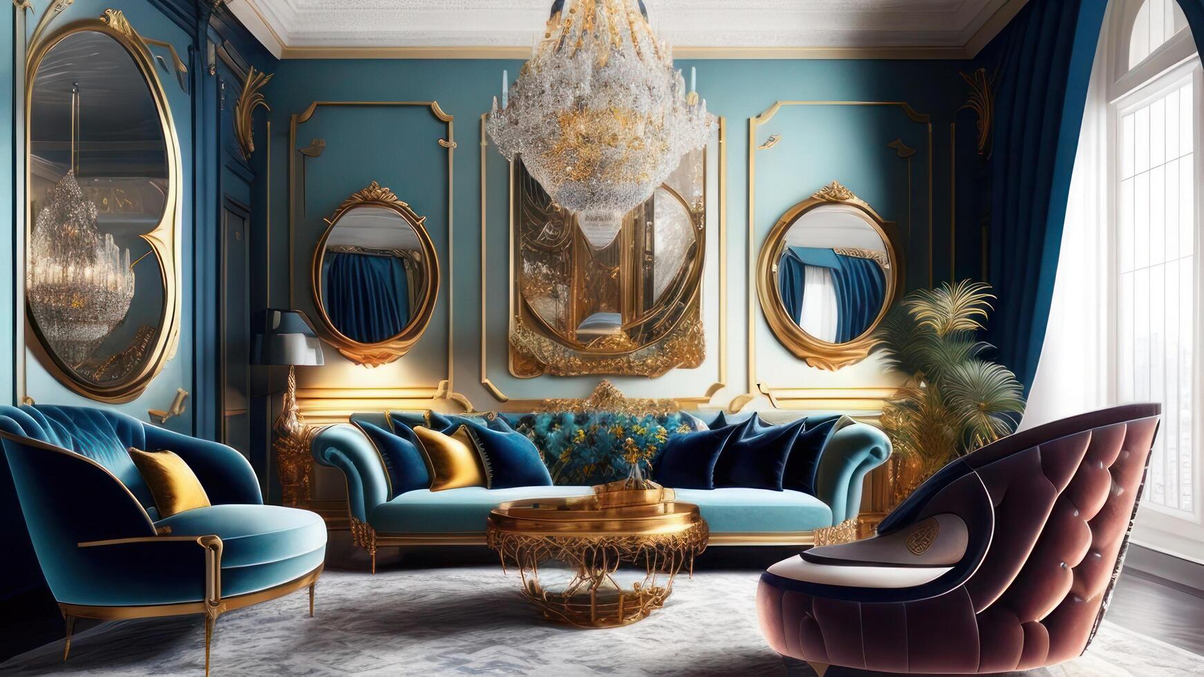 Luxury classic interior with blue sofa, armchairs and mirror. 3d render. photo