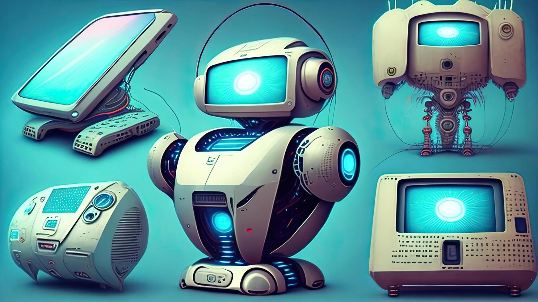 3d rendering of some robots with different devices on a blue background. photo