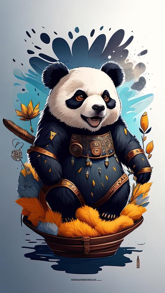 Panda bear sitting in a basket with autumn leaves. photo