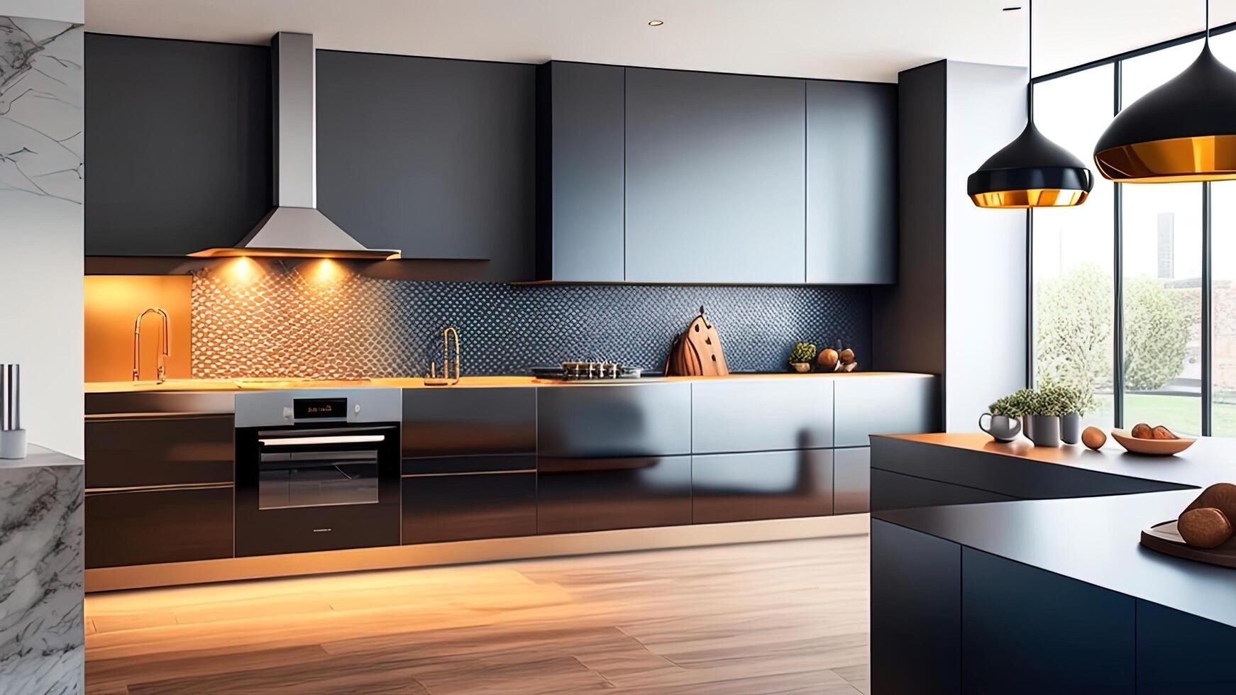 3d render of modern kitchen with black and white walls, wooden floor, dark wooden countertops and built in sink and cooker. photo