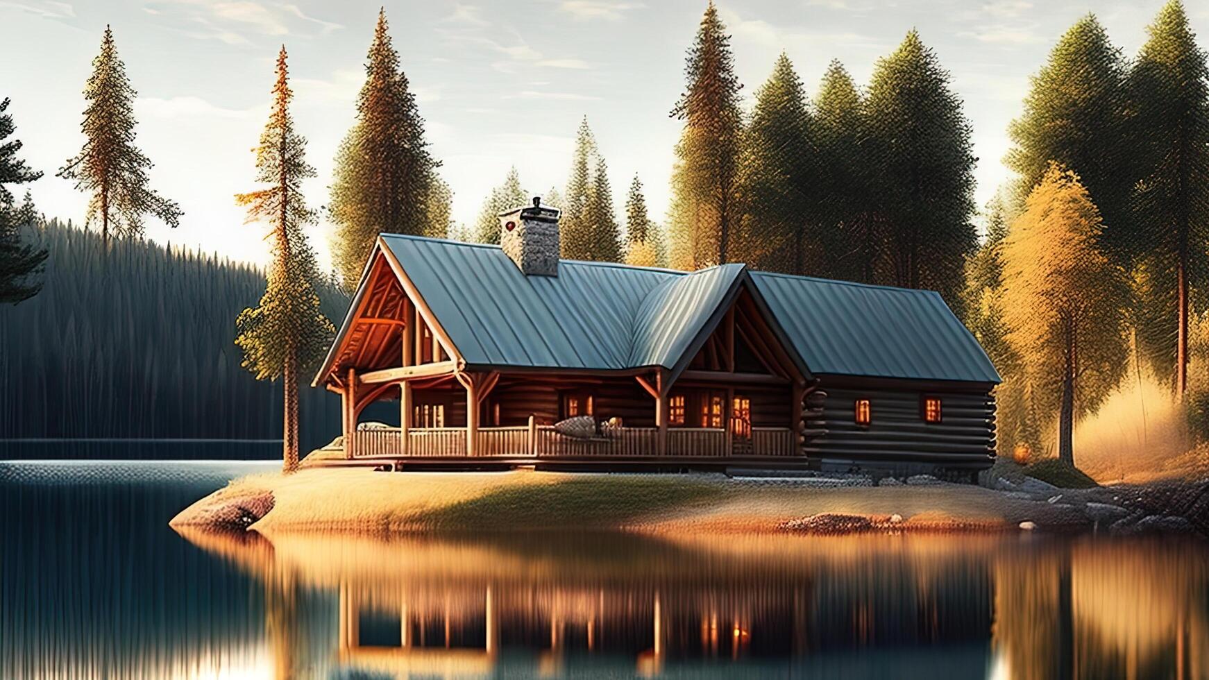 3D render of a wooden house in the woods with a beautiful lake. photo
