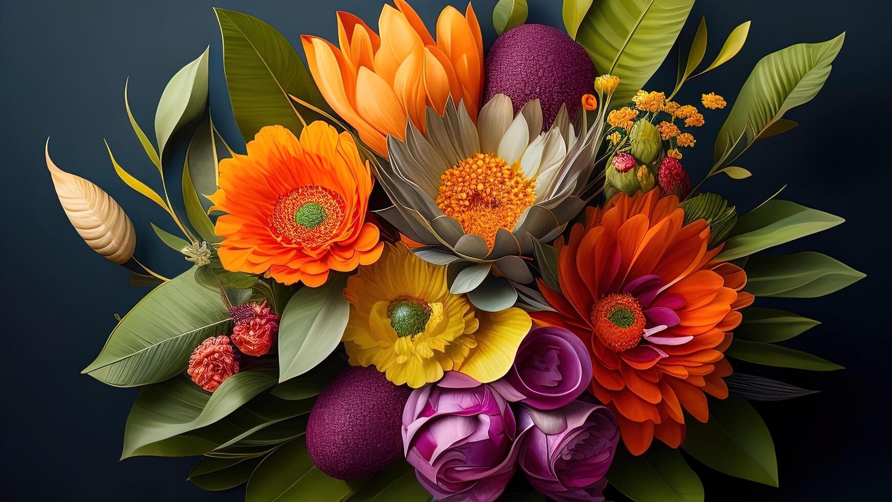 Bouquet of colorful flowers on a dark background. photo