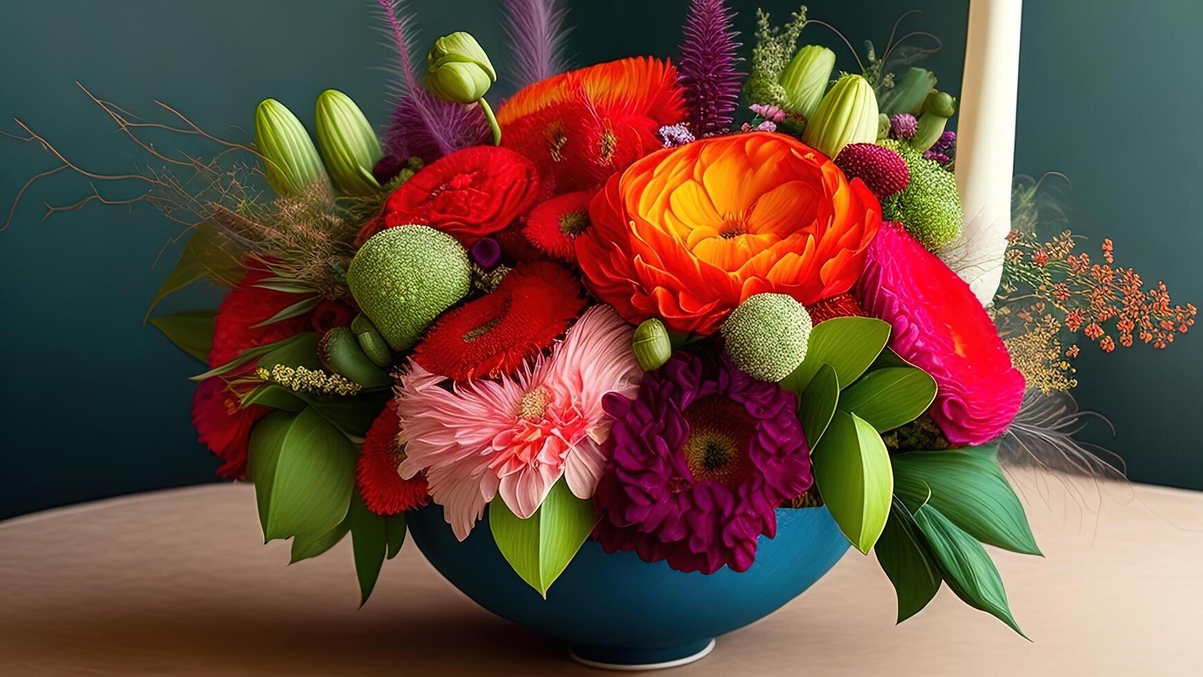 Colorful bouquet of flowers in a vase on the table. photo