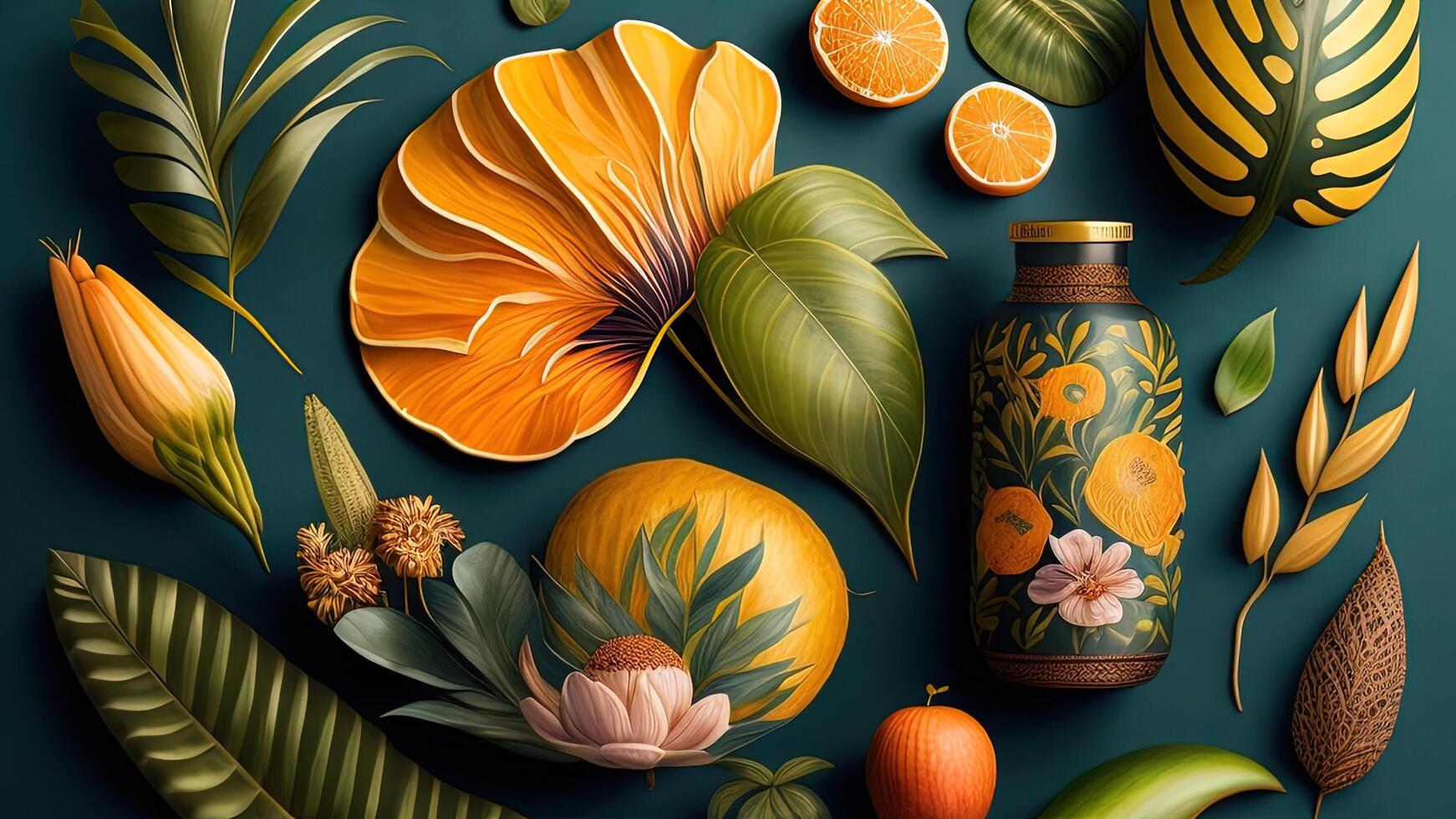 Creative layout made of tropical leaves and fruits on green background. photo