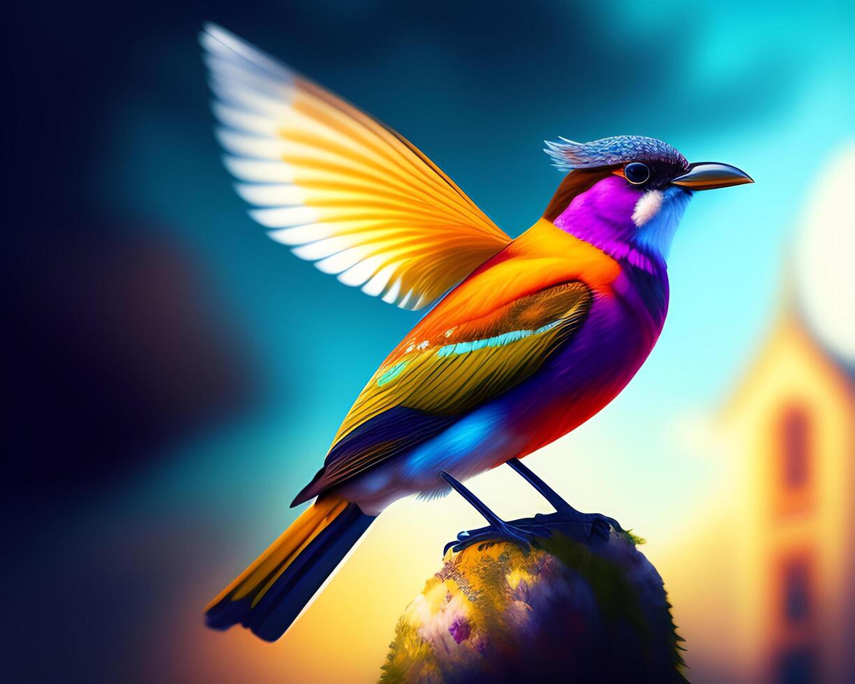 3d render of a colorful bird on a background of nature. photo