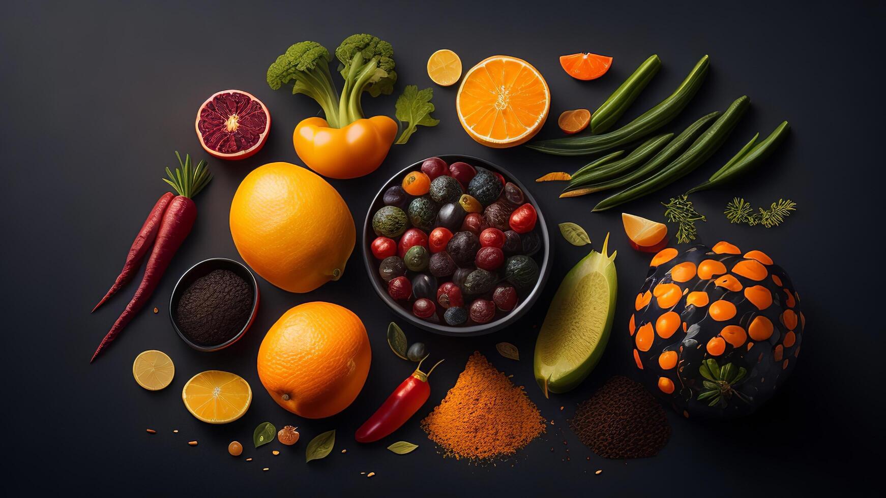 Fruits and vegetables on a dark background. 3d illustration. photo