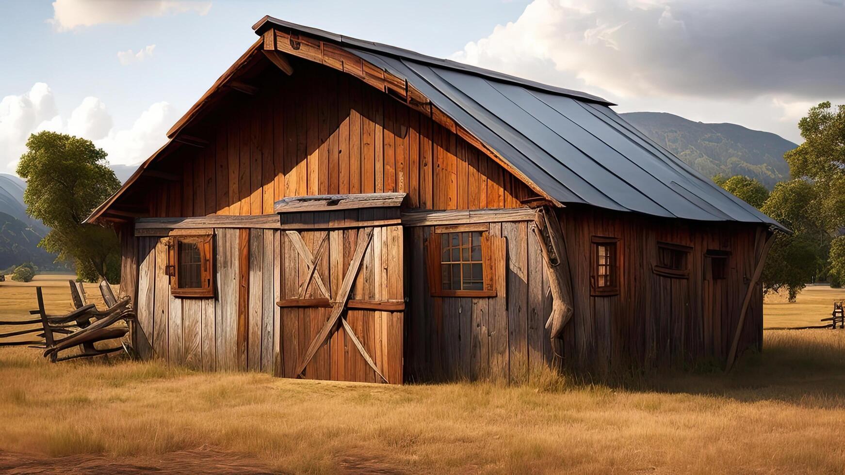 Old wooden barn with blue roof in the countryside. 3d render. photo