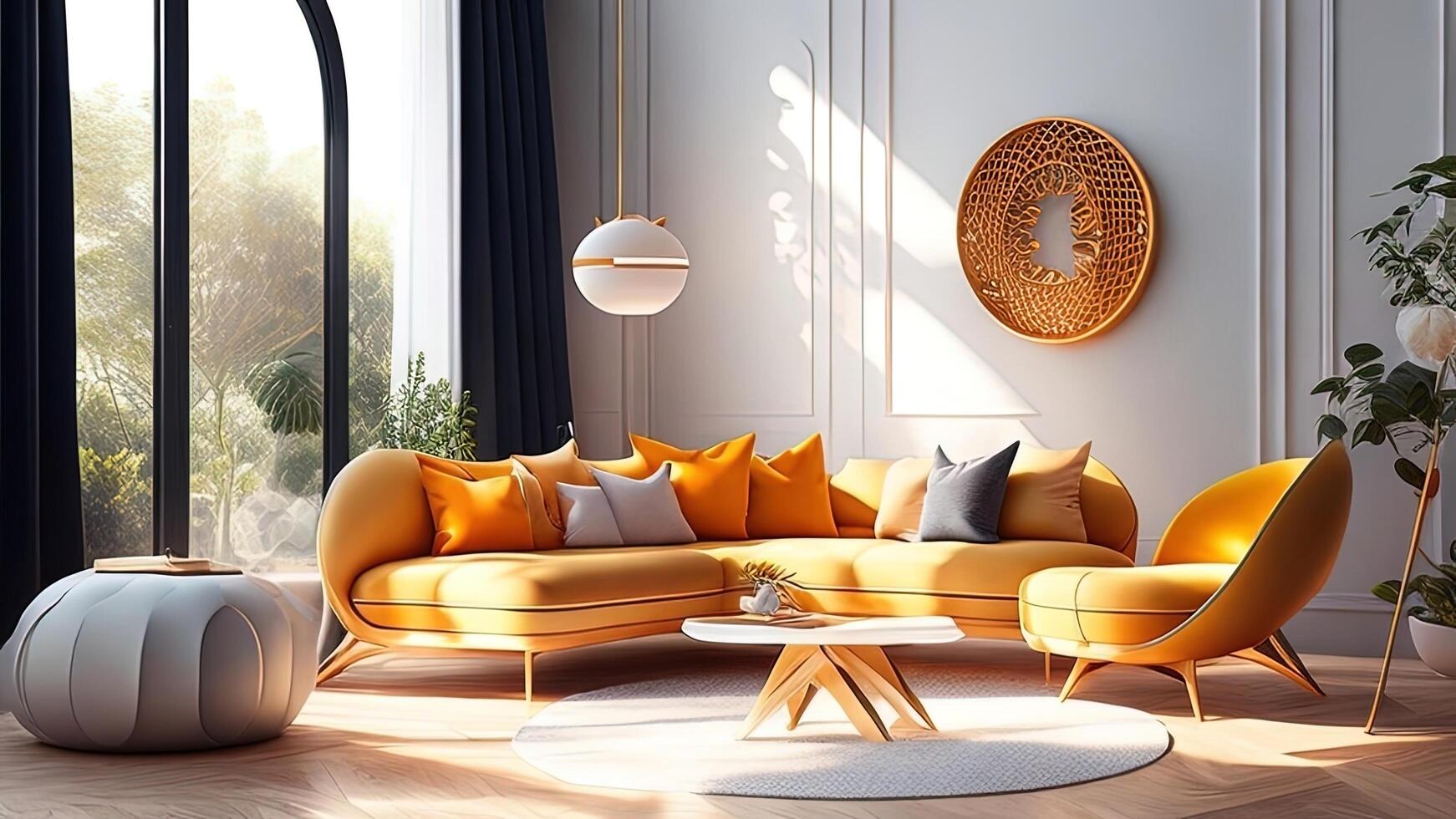 interior de moderno vivo habitación con amarillo sofá. ai generado foto