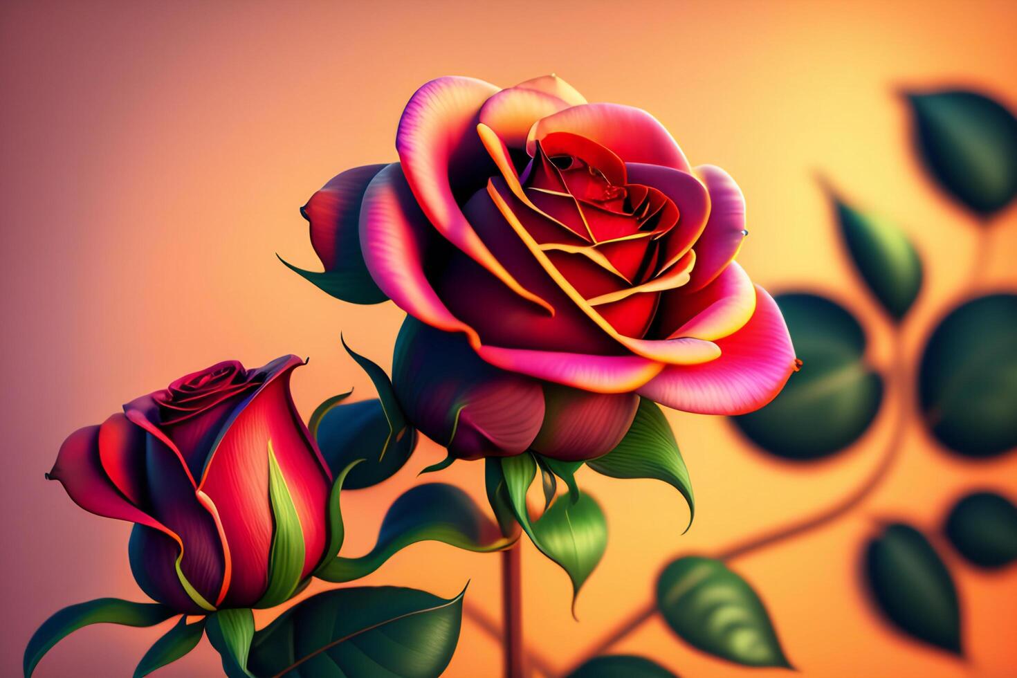 3d illustration of red and yellow rose flowers over dark blue background. photo