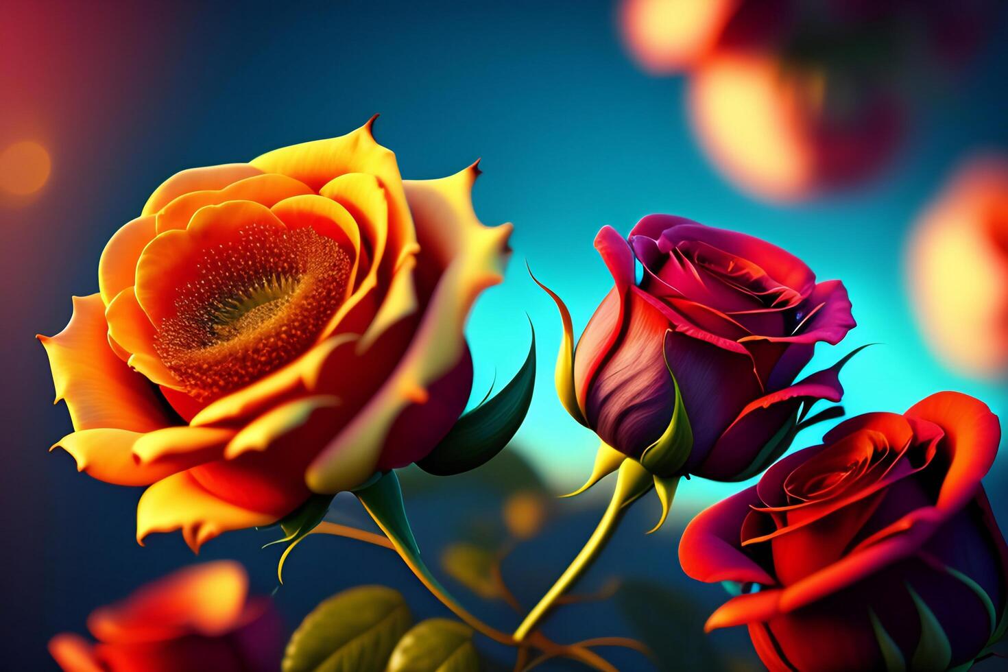 3d illustration of red and yellow rose flowers over dark blue background. photo