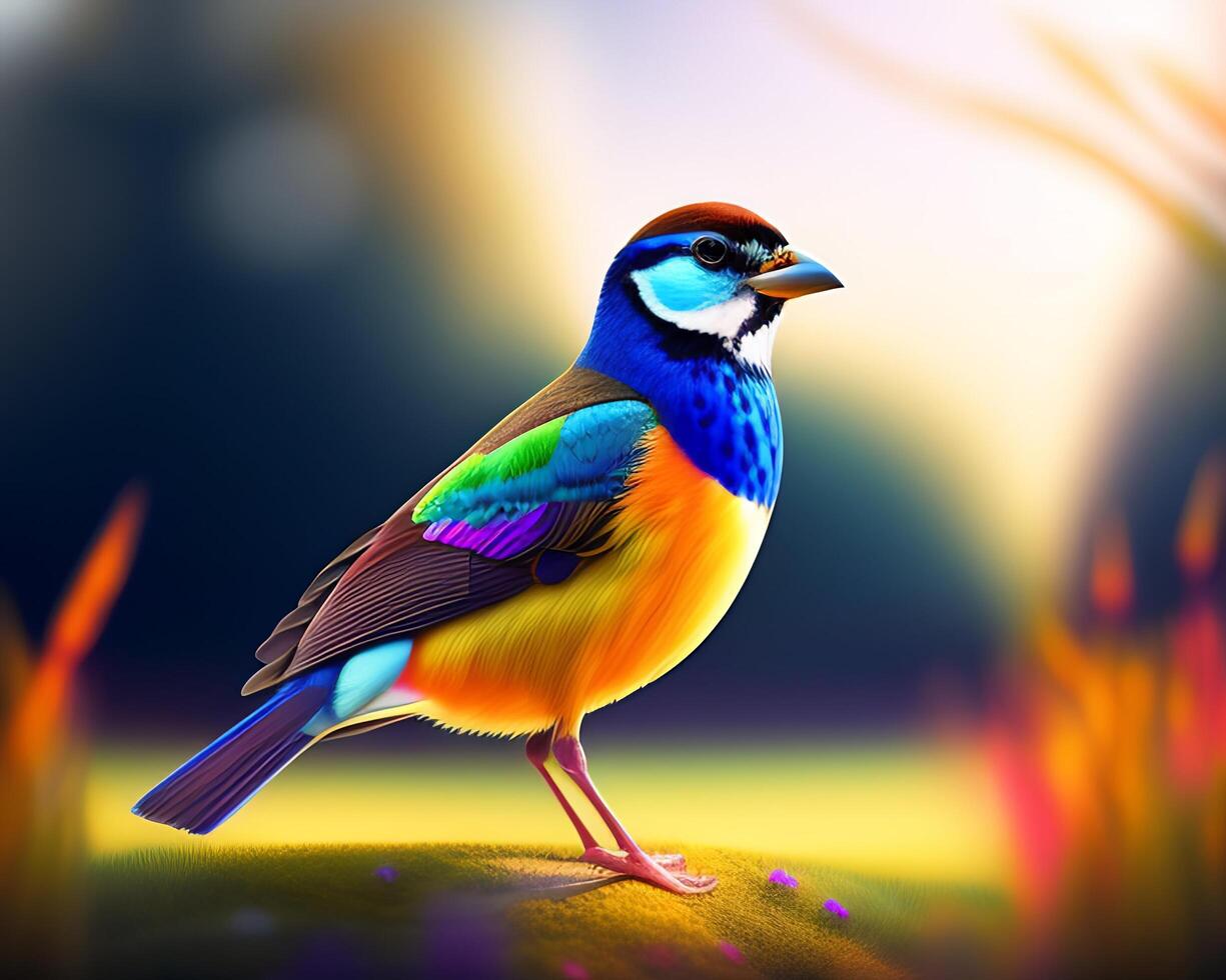 3d render of a colorful bird on a background of nature. photo