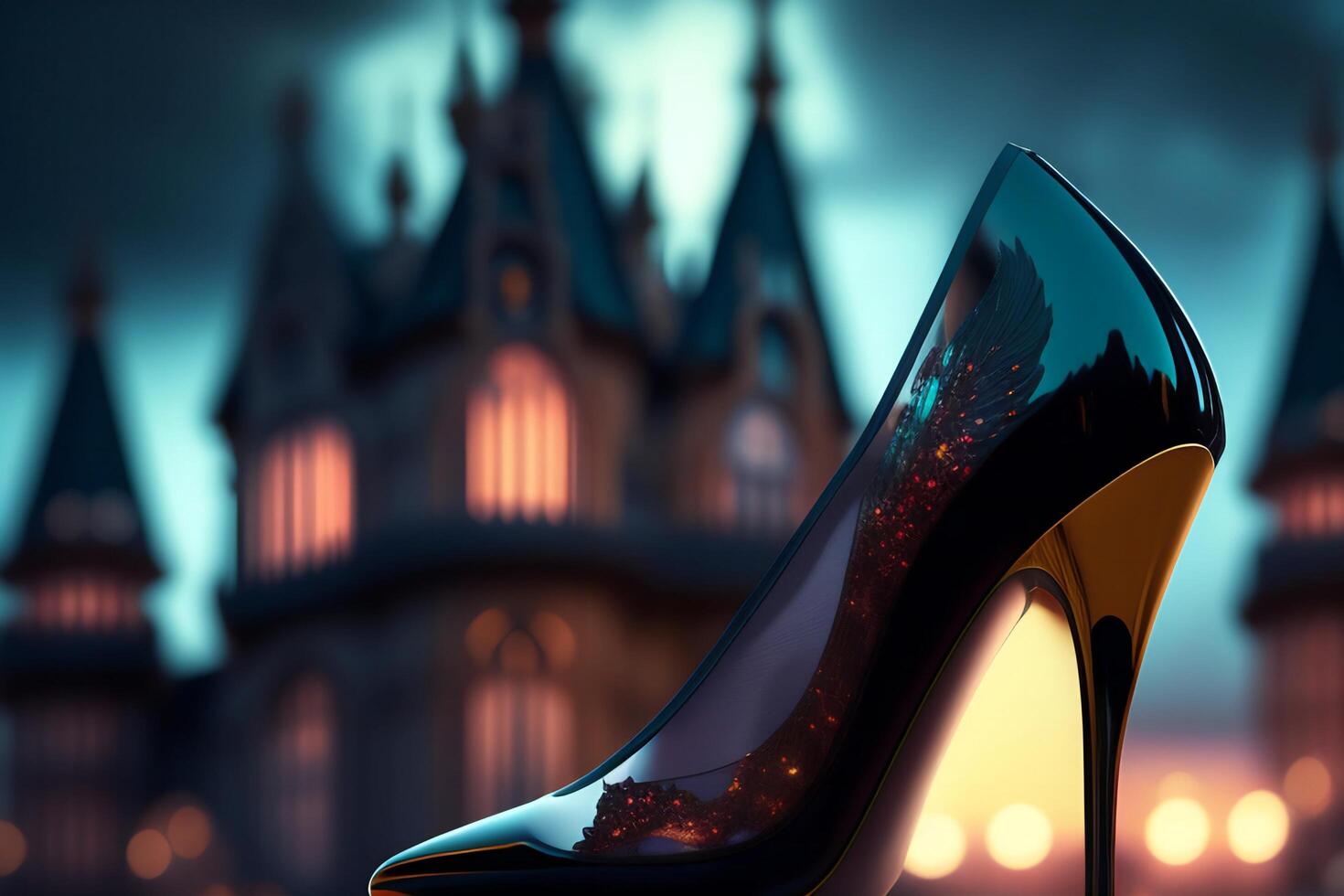 Black high heel shoes against the backdrop of the night city. 3D rendering. photo