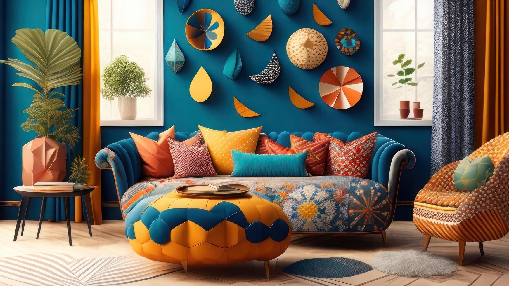 Interior of a children's room with a blue sofa 3D illustration. photo