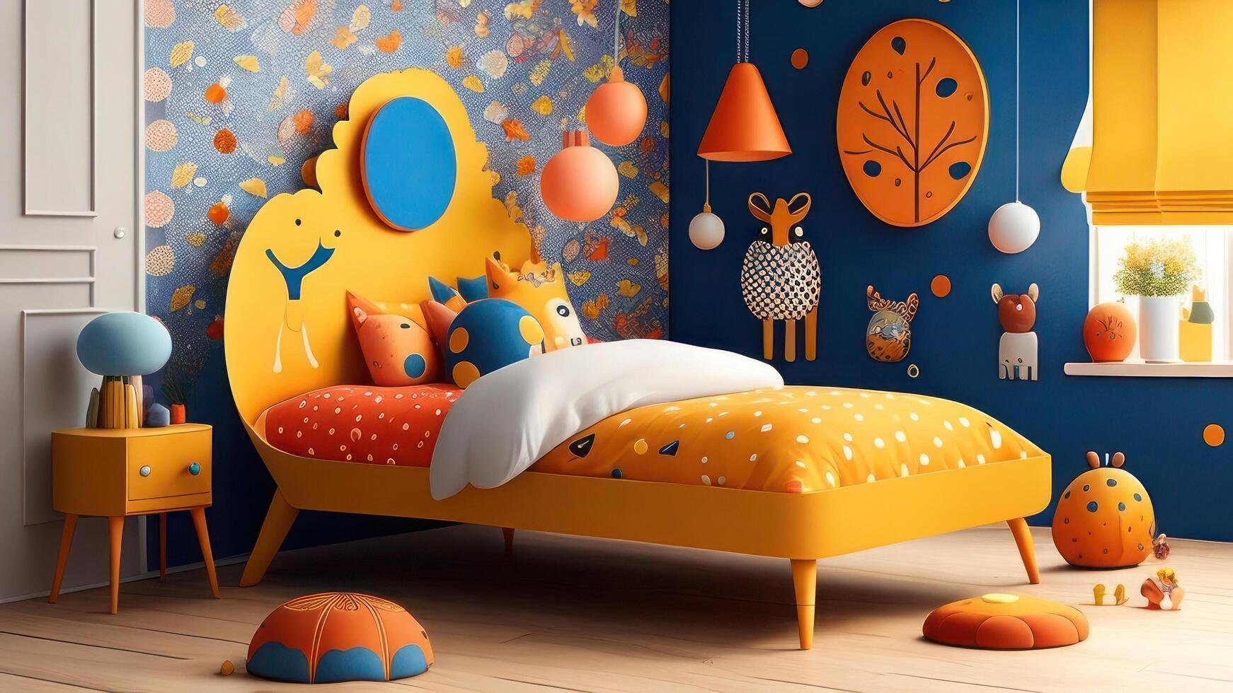 3d hacer de para niños habitación con amarillo cama y juguetes ai generado foto