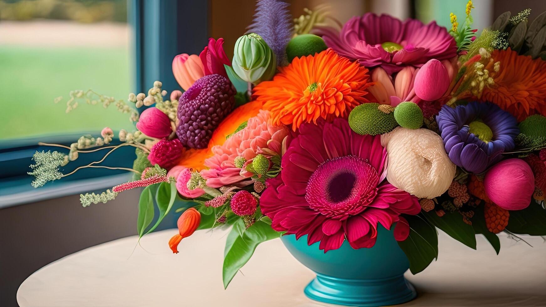 Colorful bouquet of flowers in a vase on the table. photo