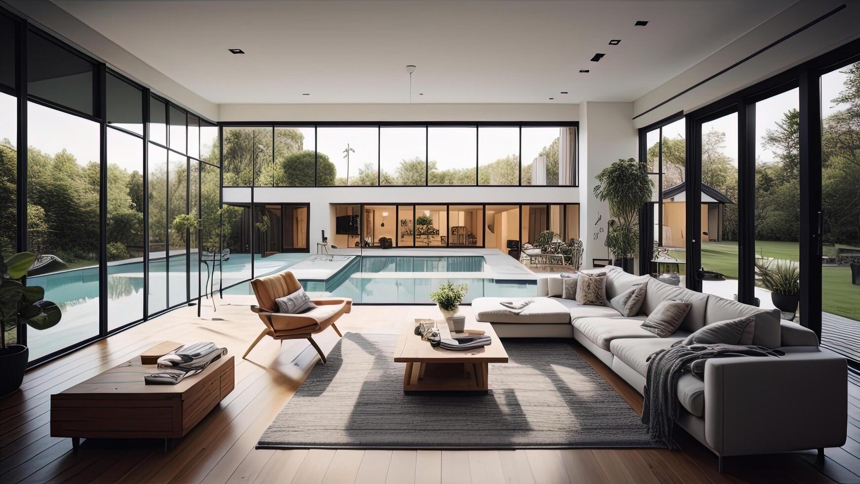 3d representación de un moderno vivo habitación con un nadando piscina. ai generado foto