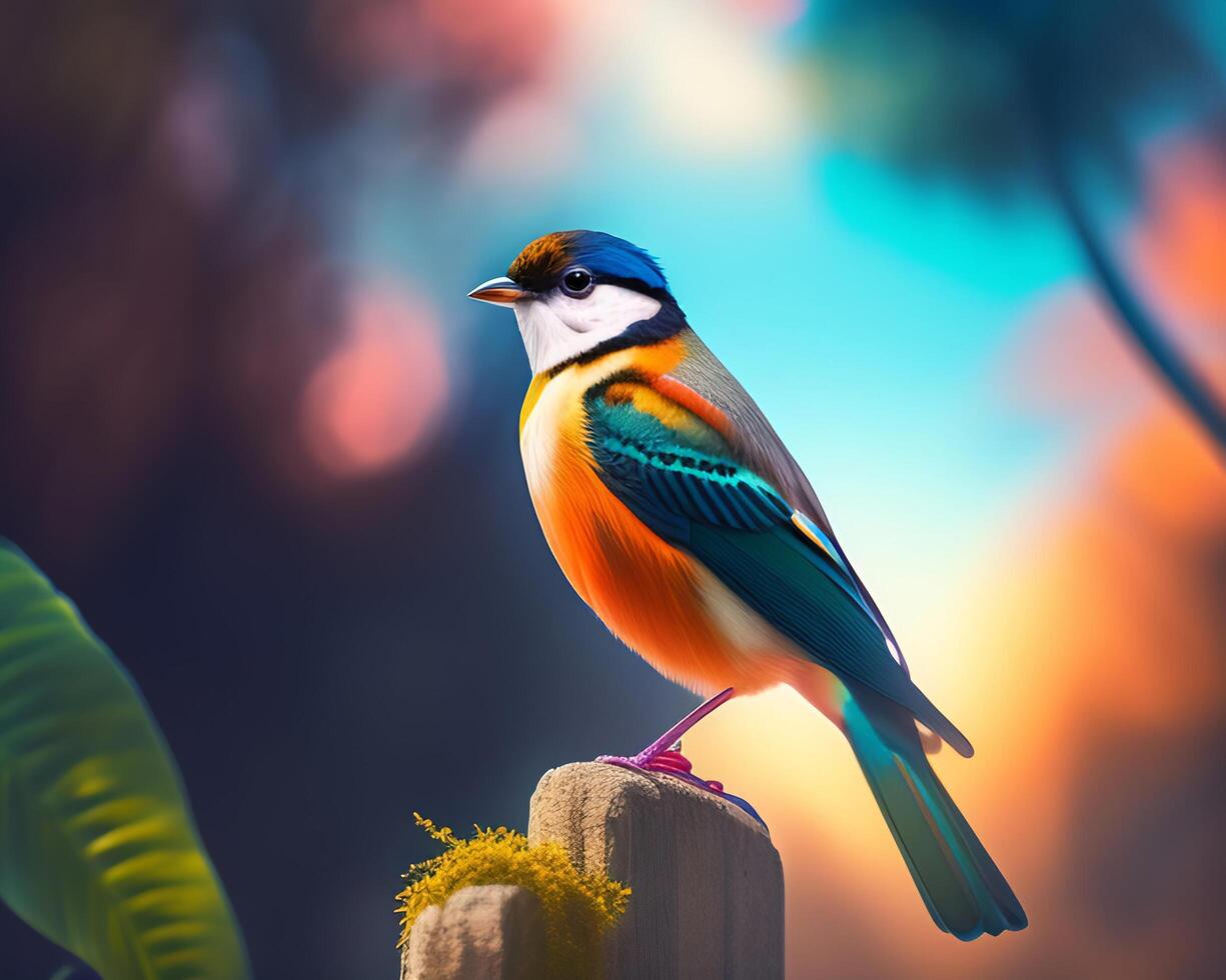 3d render of a colorful bird on a background of nature. photo