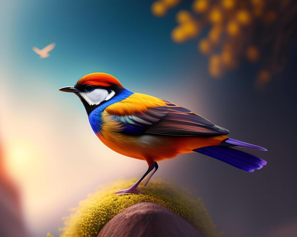 vistoso pájaro en un antecedentes de naturaleza. 3d ilustración. ai generado foto