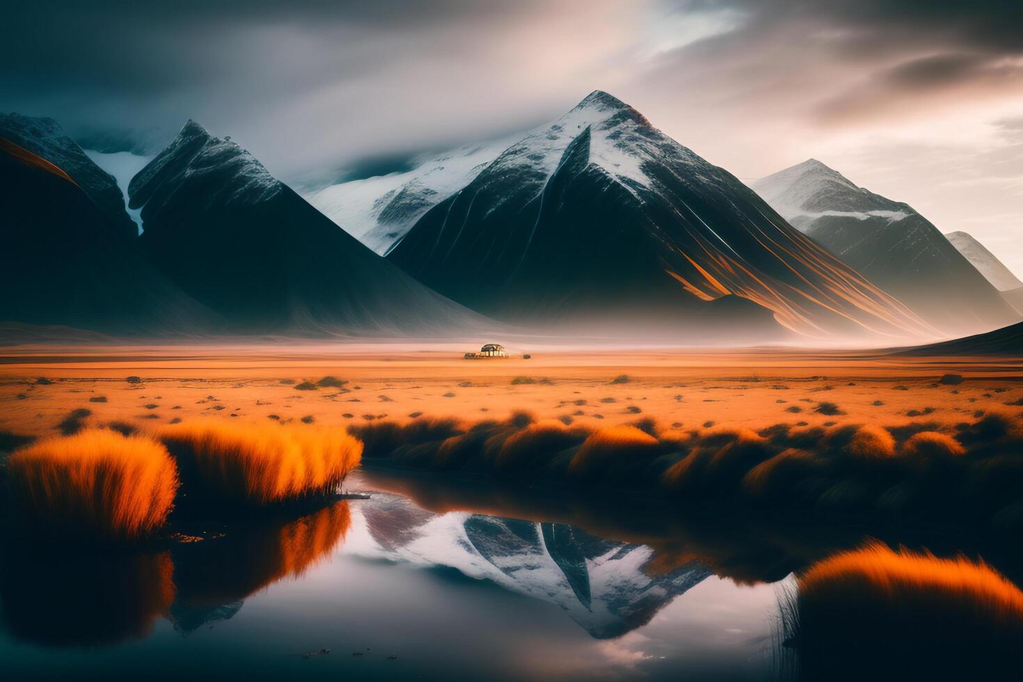 Beautiful landscape with mountains and lake at sunset. 3d rendering. photo
