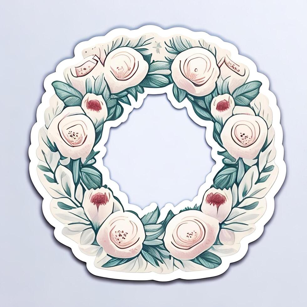 Round frame with white roses and green leaves, hand drawn vector illustration. photo