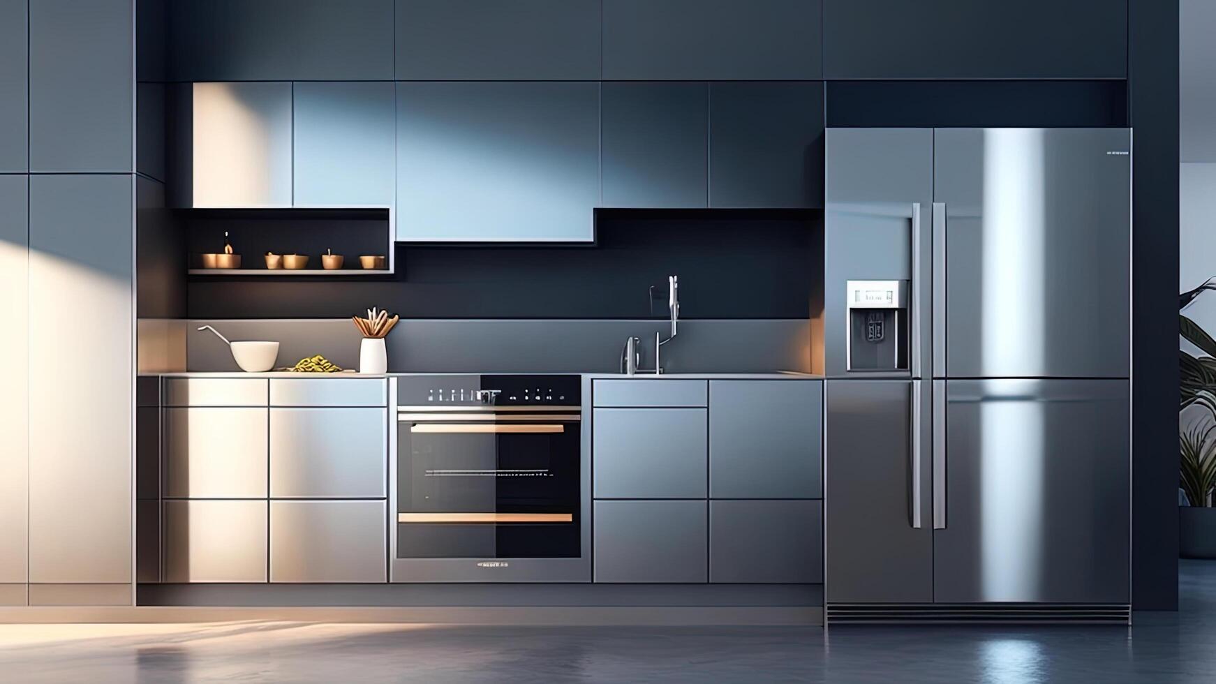 Interior of modern kitchen with gray walls, concrete floor, gray cupboards and built in cooker. photo