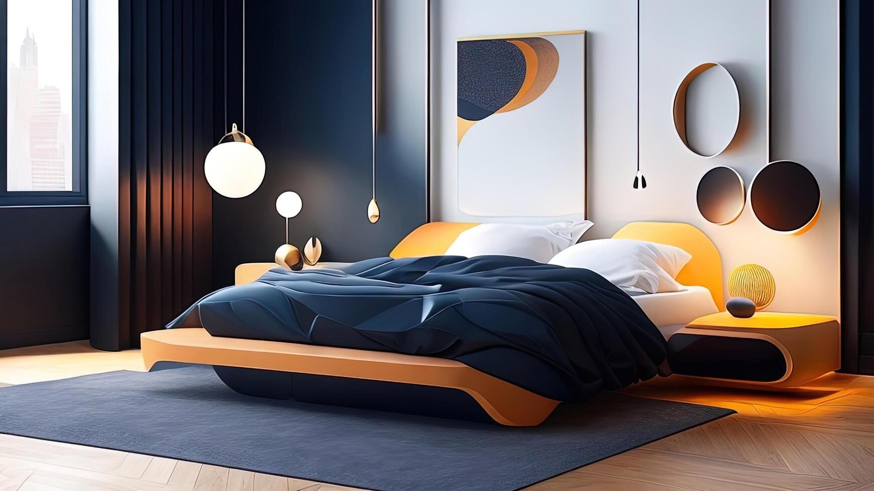 Interior of modern master bedroom with black and white walls, wooden floor, comfortable king size bed with orange blanket and round mirror. photo
