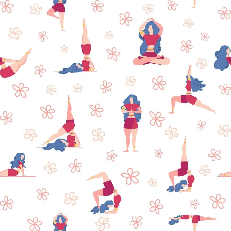 Yoga seamless pattern woman is engaged. Yoga poses, lotus, monstera. Health of mind and body vector