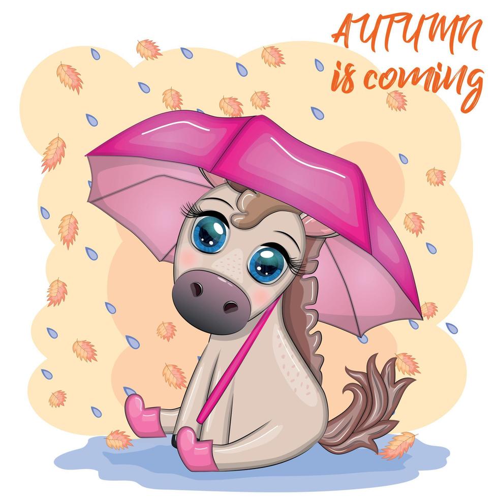 Cute horse with umbrella and rubber boots, autumn is coming theme vector