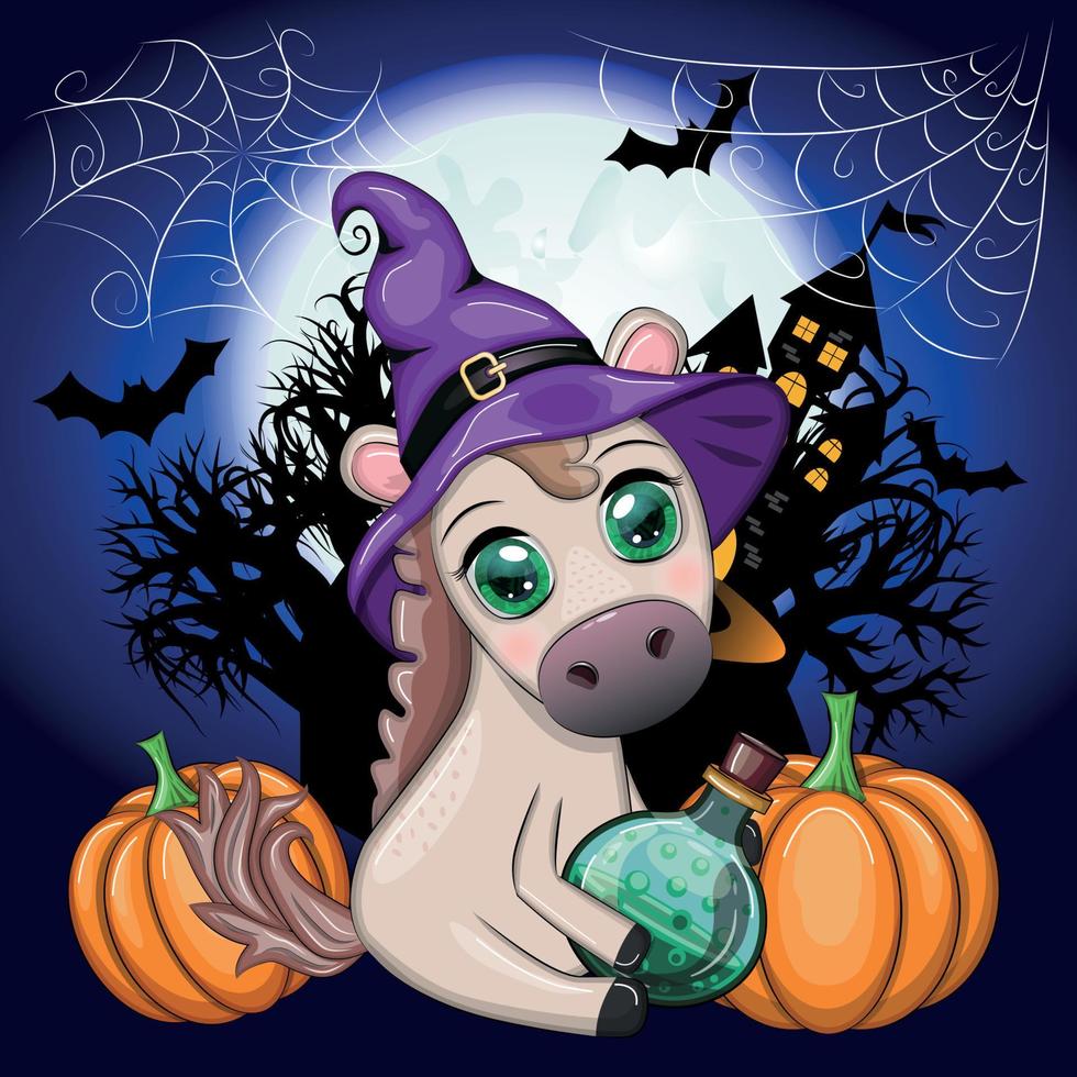 Cute horse, pony in a purple witch hat, with a broom, pumpkin, potion. Halloween card for the holiday vector