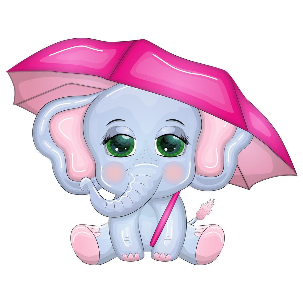 Cute cartoon elephant, childish character with beautiful eyes with umbrella, autumn vector