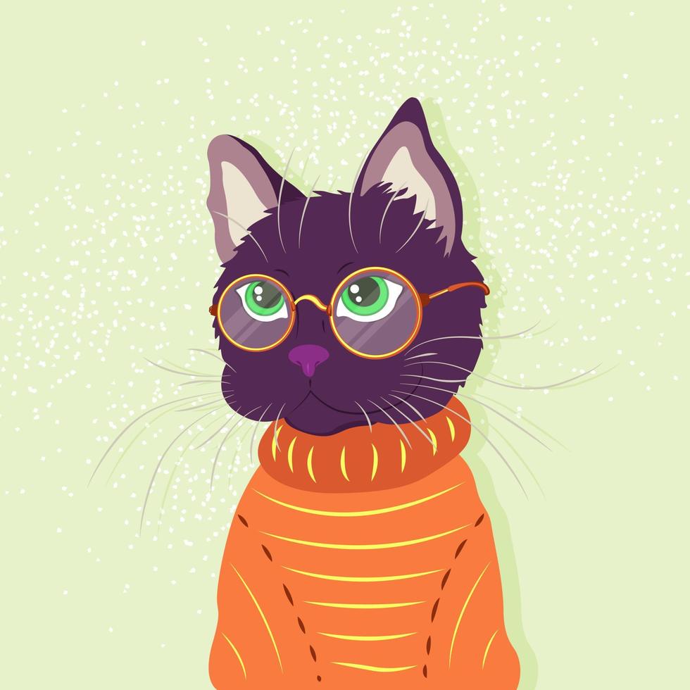 Creative art with cute cat in glasses and sweater. Kawaii illustration for card, banner, invitation, print. Modern colorful art. Vector illustration