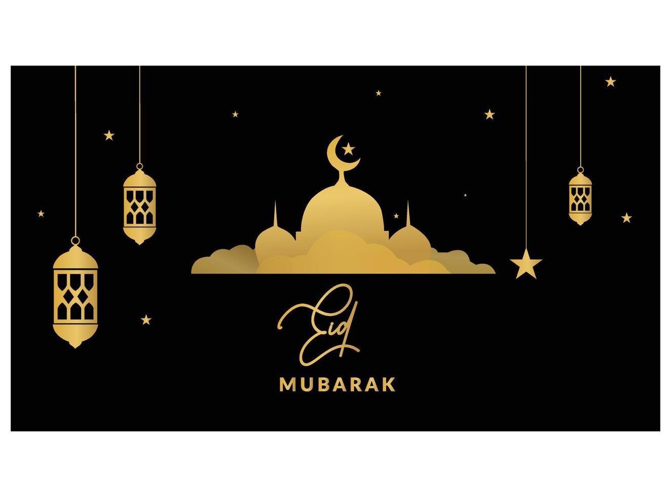 vector illustration of greeting for Eid Mubarak text means Eid Mubarak, golden shiny star, moon, concept for festive background. Eid Mubarak background. Muslim ornamental golden stars and moon vector.