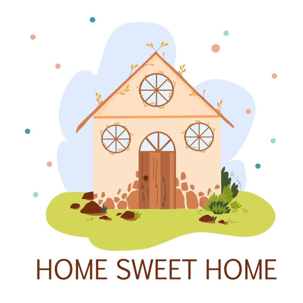 House in summer garden. Green grass, provense  house design. Greeting card. Home sweet home lettering text. Romantic vector flat style illustration.
