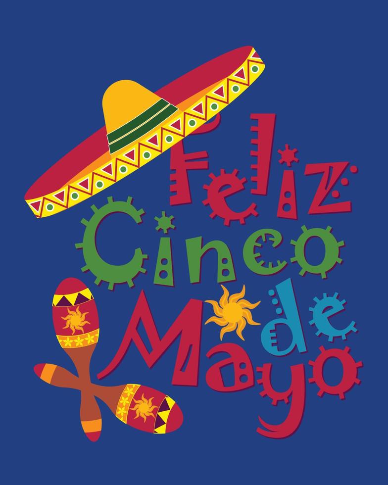 Vector illustration. Feliz Cinco de Mayo - Happy Fifth of May - greeting card or poster with lettering, musicians and sombrero hats