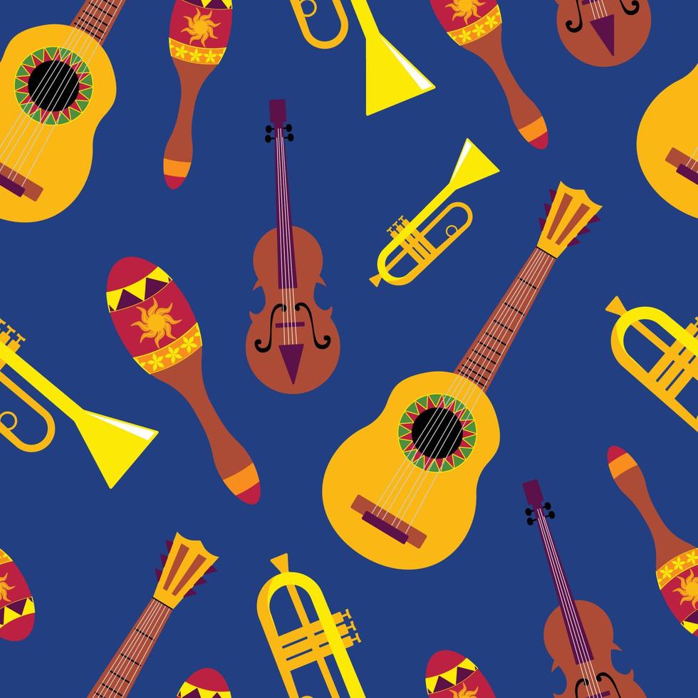 Vector seamless pattern of various Mexican-themed objects musical instruments, sombrero hats, vegetables. Background, wallpaper, textile or paper print.