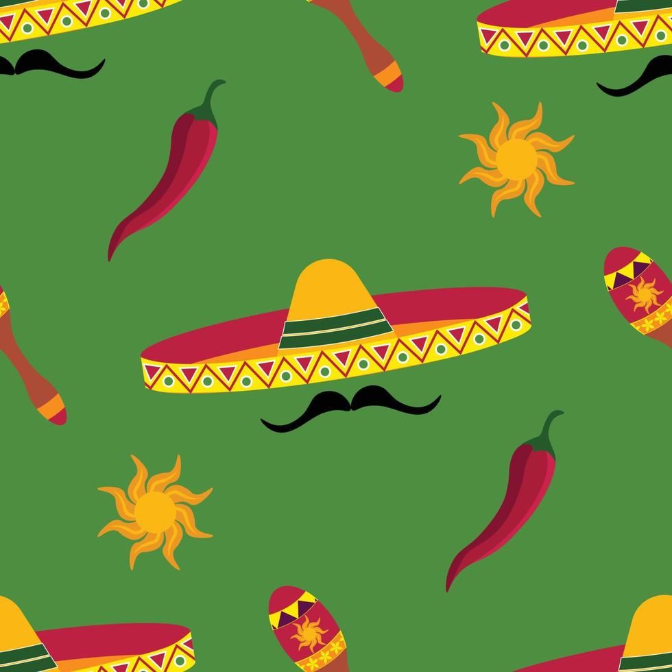 Vector seamless pattern of various Mexican-themed objects musical instruments, sombrero hats, vegetables. Background, wallpaper, textile or paper print.