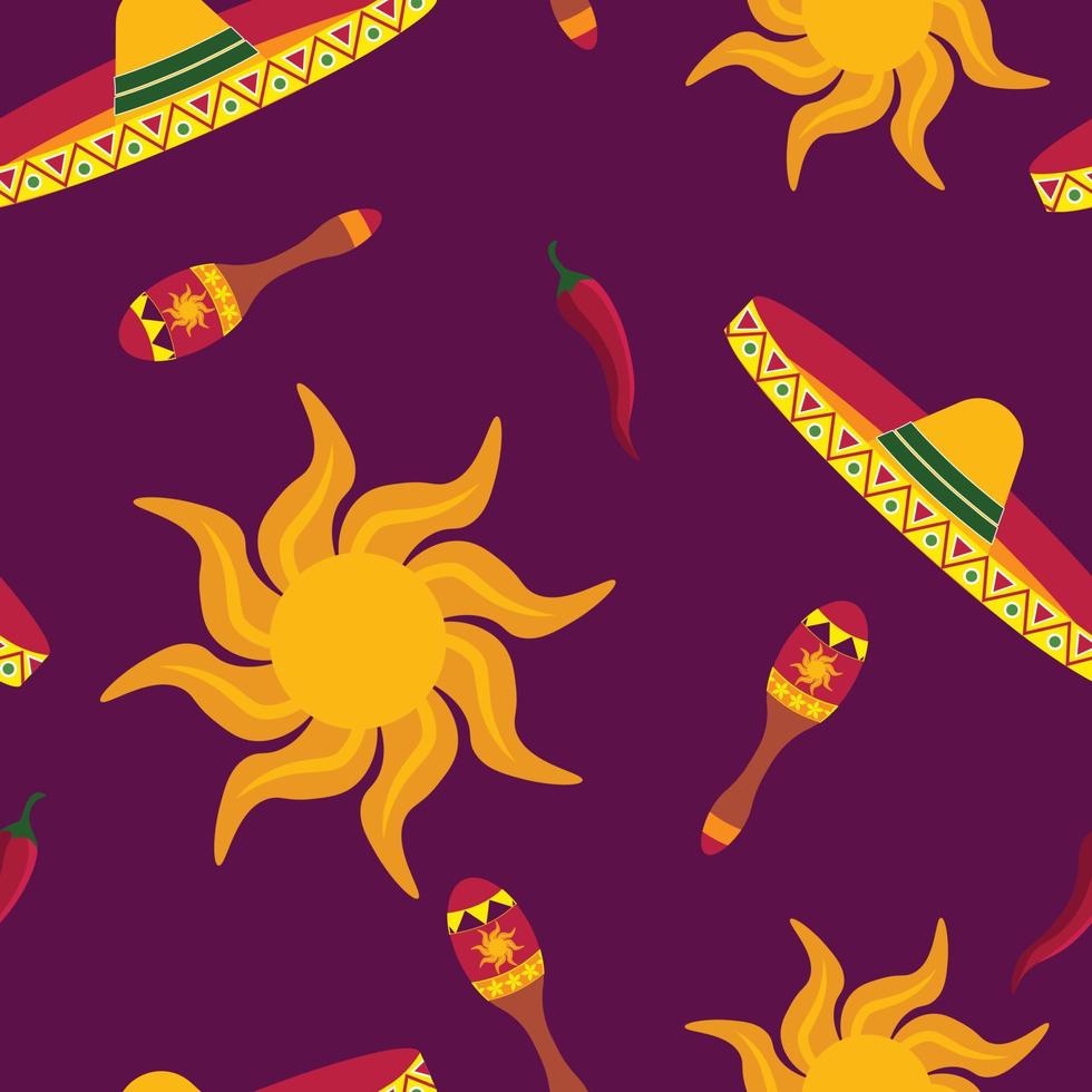 Vector seamless pattern of various Mexican-themed objects musical instruments, sombrero hats, vegetables. Background, wallpaper, textile or paper print.